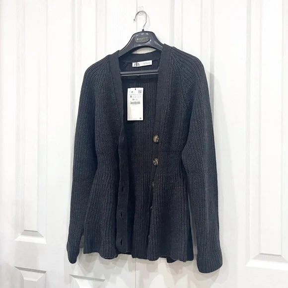 Zara | Peplum Button-Up Cardigan Sweater | Dark Gray | S - Picture 2 of 5